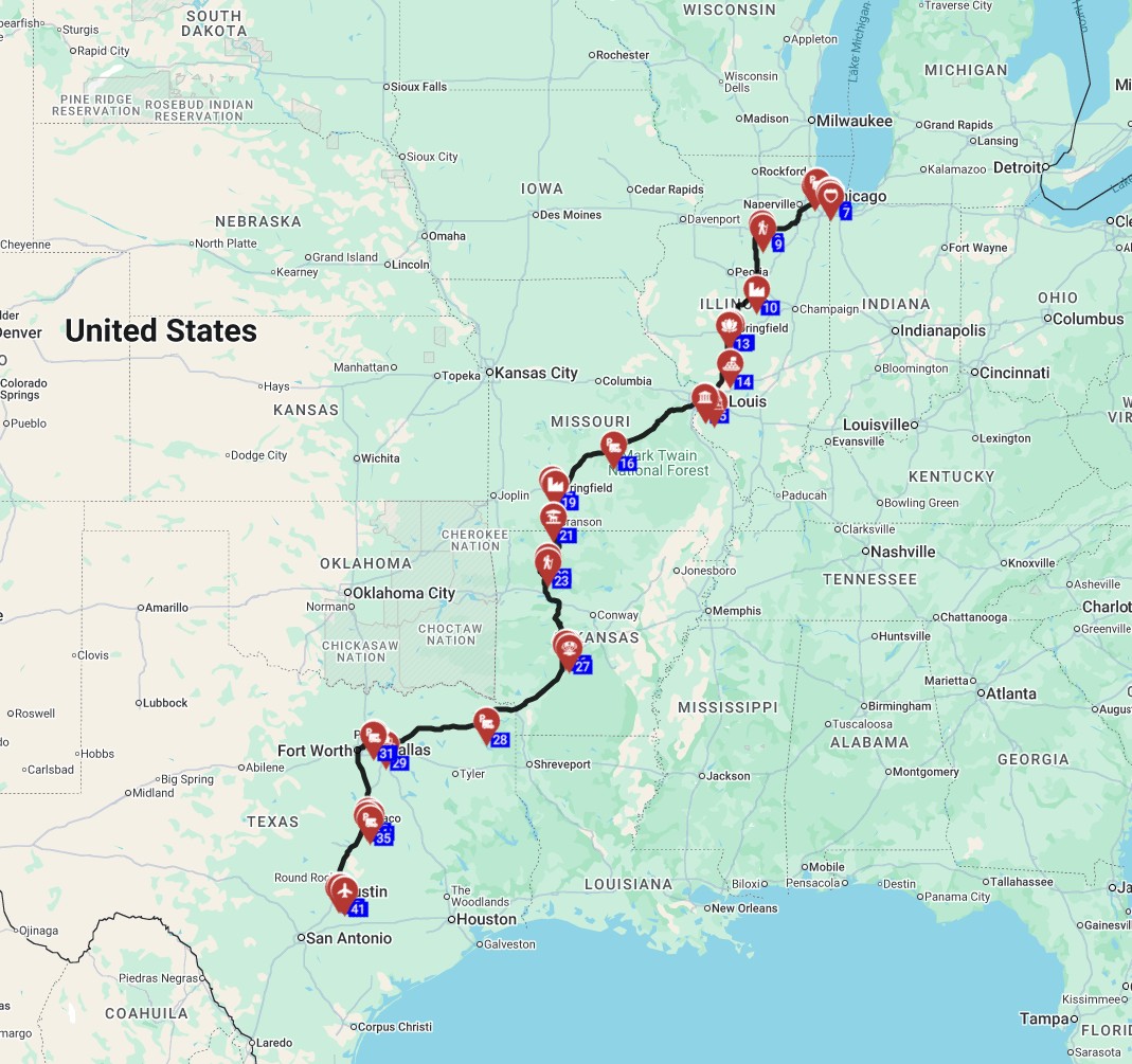 Map for Chicago to Austin - Midwest to Southwest Motorhome Adventure